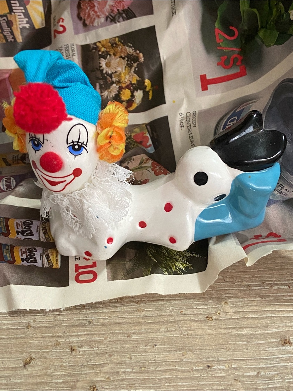 Vintage Ceramic Clown Figurine in White, Blue and Red - Decorative Home Accent